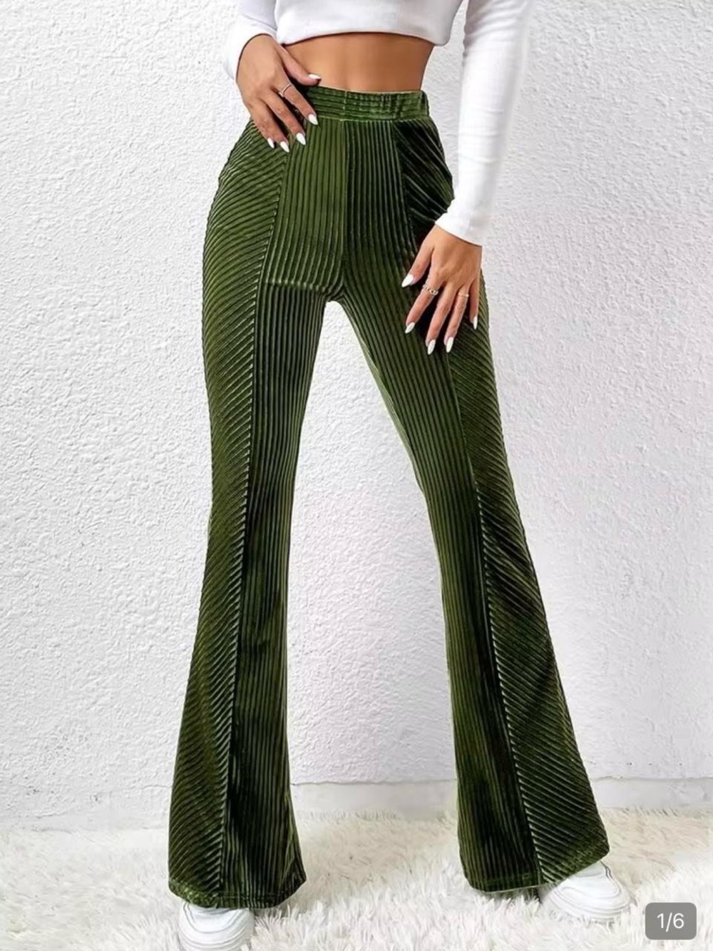 SHEIN Olive Green Ribbed Velvet Flare Pants